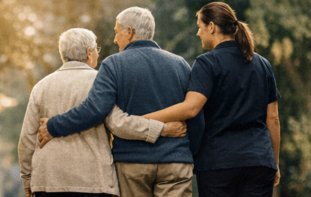 Senior companion transportation — caregiver walking with elderly couple